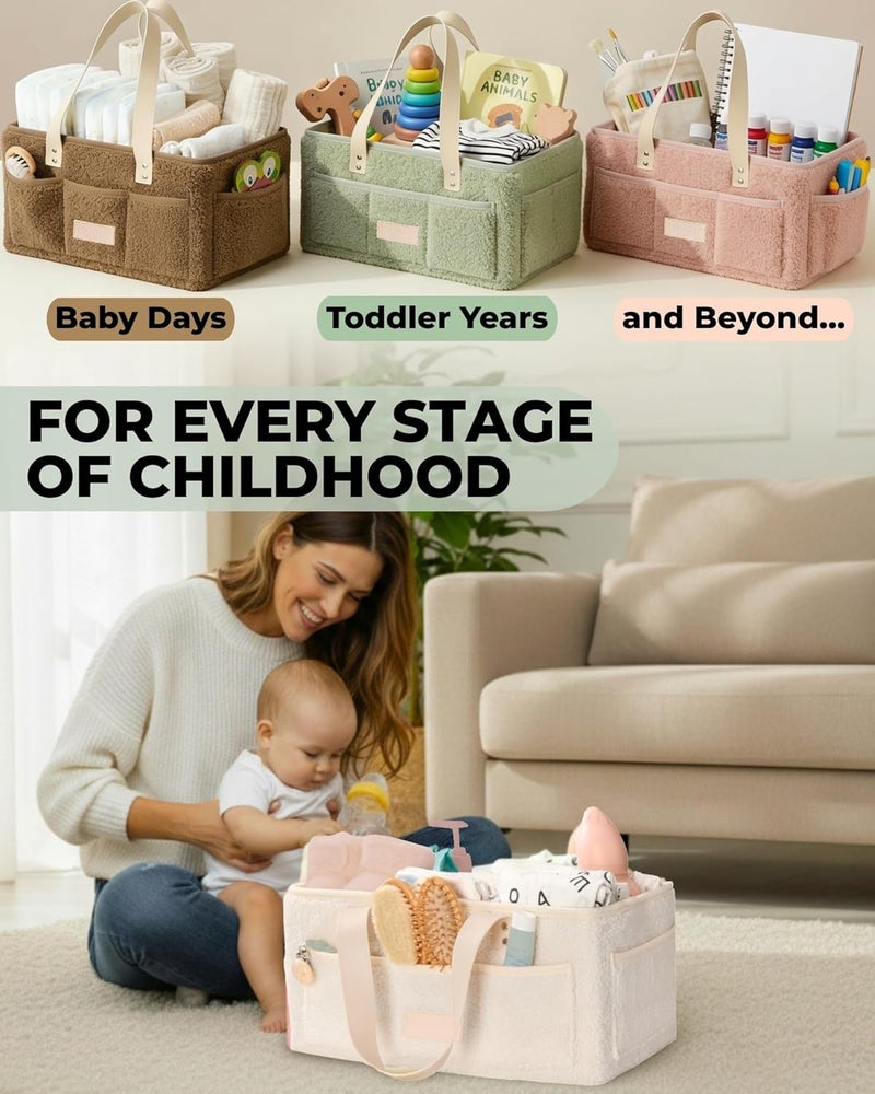 Toodly Baby Diaper Caddy Organizer with Portable Changing Mat - Teddy Fleece Diaper Organizer for Changing Table - Basket for Changing Essentials - Baby Essentials Organizer with Removable Dividers - Image 4